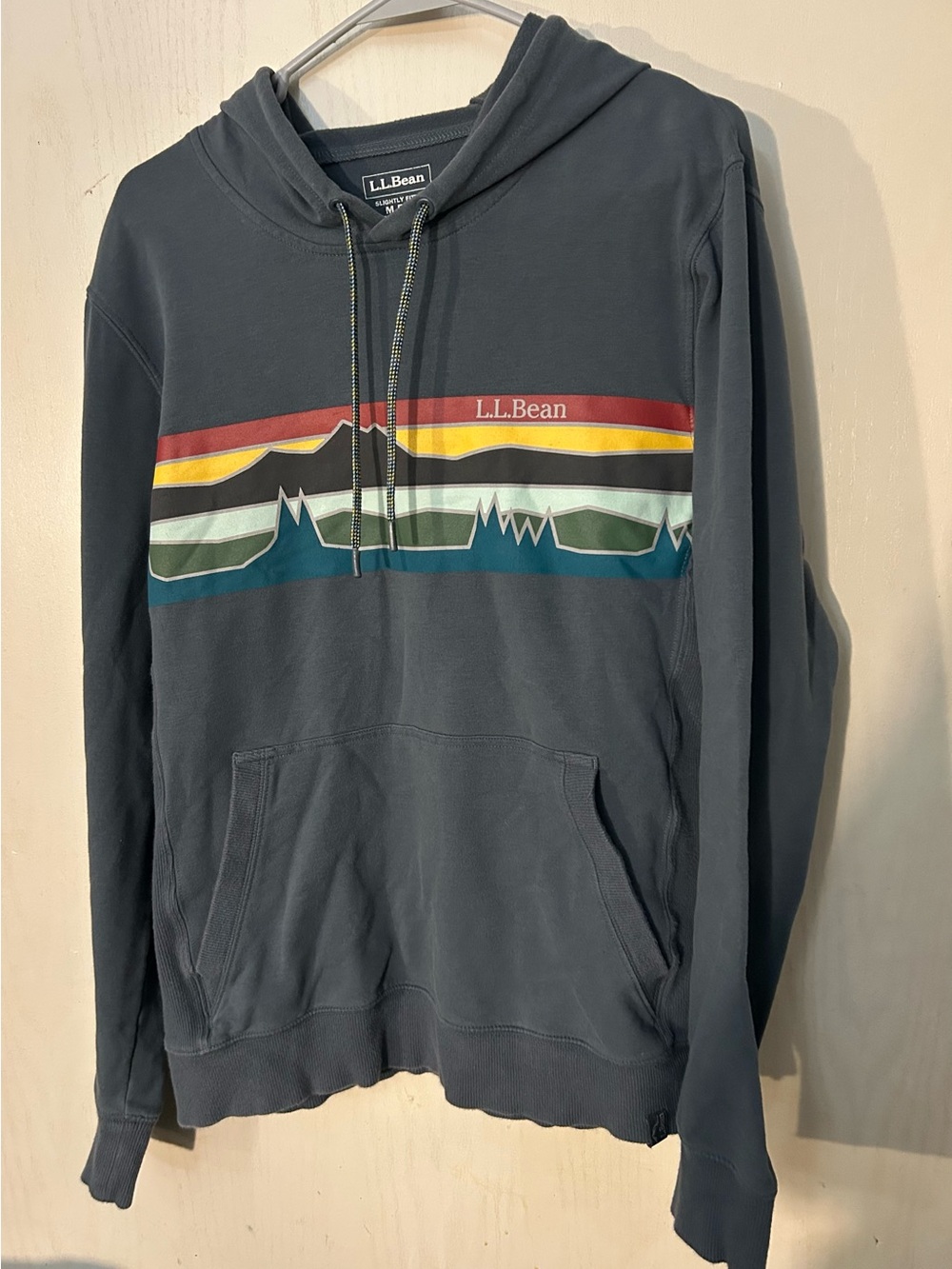 L.L. Bean Men's Charcoal Hoodie with Red, Yellow, Green and Teal Stripes